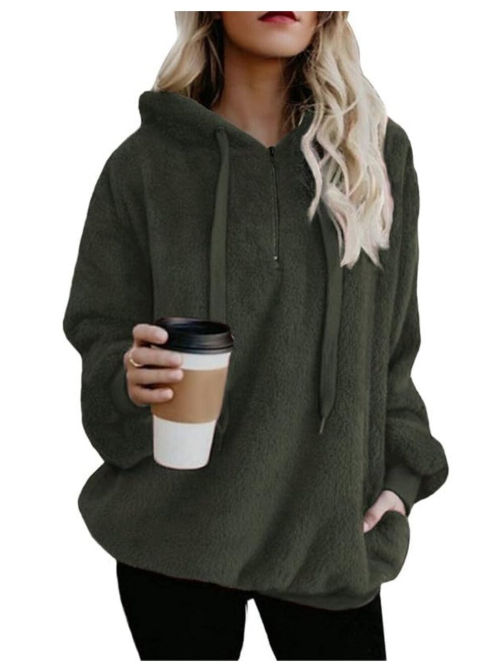 Fuzzy Fleece Hoodie Pullover 1/4 Zip Sherpa Sweatshirt Oversized Womens